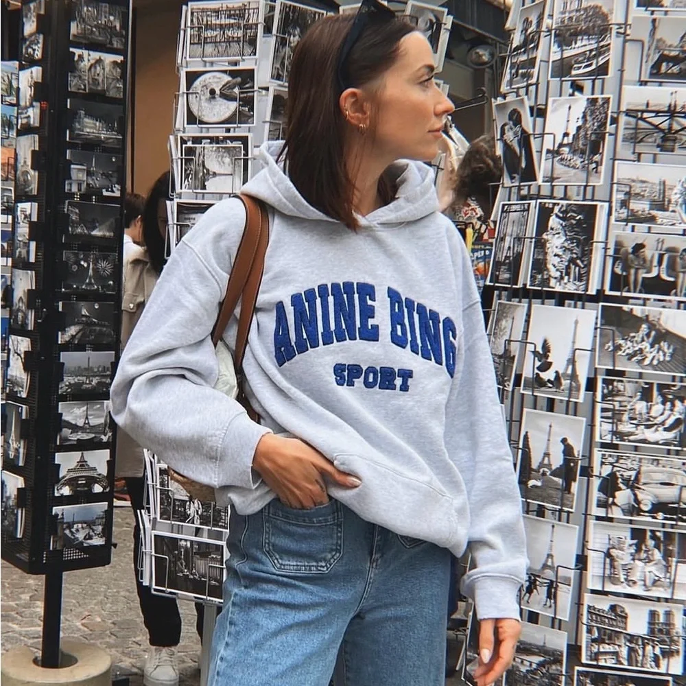 Anine Bing Sport Tyler Hoodie Grey Heather Logo Oversized Sweatshirt Women’s XS - Picture 11 of 13